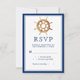 Nautical Navy Stripes Watercolor Steering Wheel RSVP Card