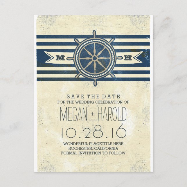 Nautical navy vintage save the date postcards (Front)