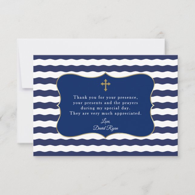 Nautical Navy Waves Anchor Boy Baptism Thank You Card (Front)