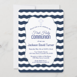 Nautical Navy Waves Anchor First Holy Communion Invitation