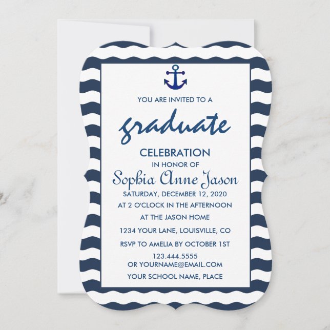 Nautical Navy Waves Anchor GRADUATION CELEBRATION Invitation (Front)