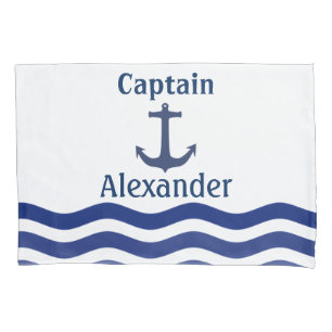 Nautical Navy Waves and Anchor Captain Name Pillowcase