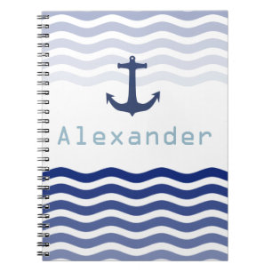 Nautical Navy Waves and Anchor Personalised Name Notebook