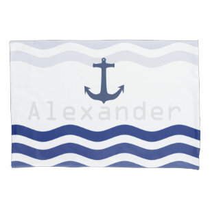 Nautical Navy Waves and Anchor Personalised Name Pillowcase