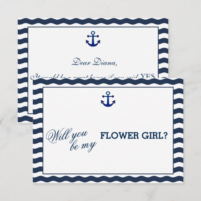 Nautical Navy Waves WILL YOU BE MY FLOWER GIRL Invitation (Front/Back)