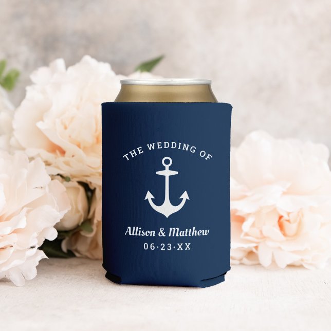 Nautical Navy Wedding Anchor Monogram Can Cooler (Creator Uploaded)