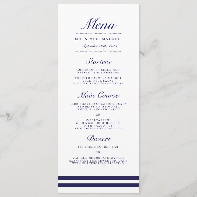 Nautical Navy Wedding Dinner Menu (Front)