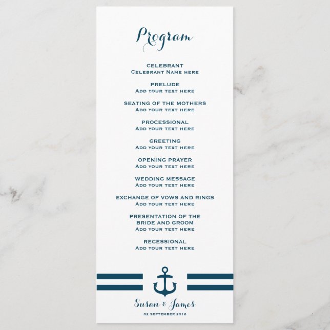 Nautical Navy Wedding Program Programme (Front)