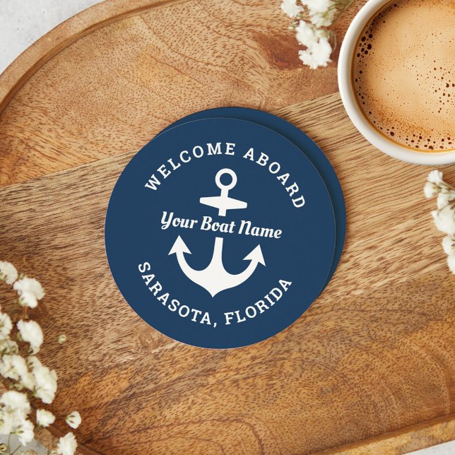 Nautical Navy Welcome Aboard Boat Name Anchor Round Paper Coaster (Creator Uploaded)