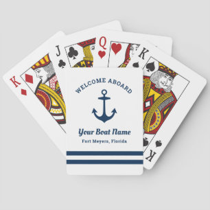 Nautical Navy Welcome Aboard Boat Name Playing Cards