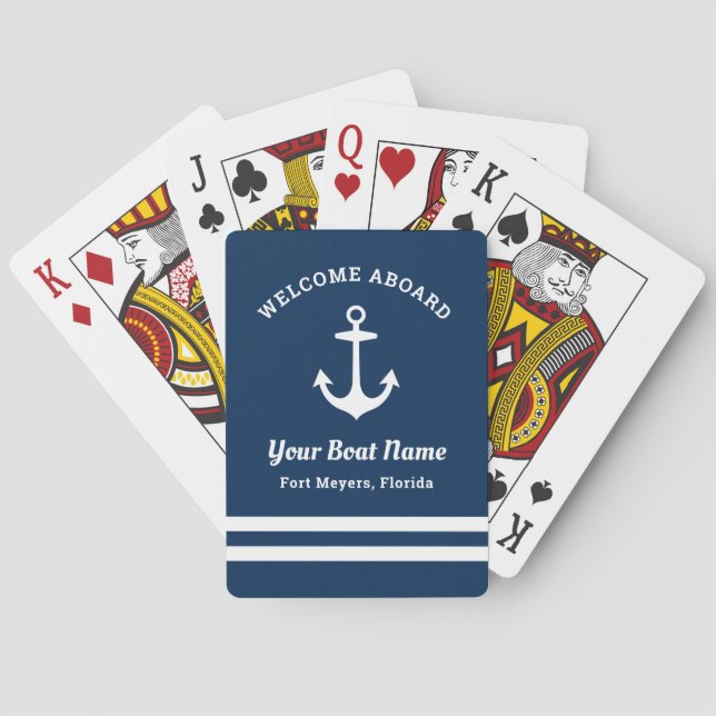 Nautical Navy Welcome Aboard Boat Name Playing Cards (Back)
