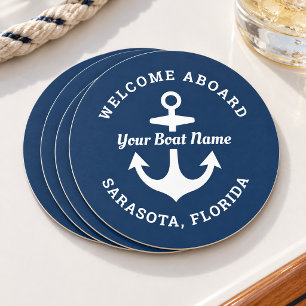 Nautical Navy Welcome Aboard Boat Name Round Paper Coaster