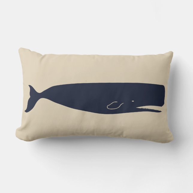 Nautical Navy Whale Silhouette & Beige Lumbar Cushion (Front)