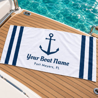 Nautical Navy White Anchor Boat Name Beach Towel