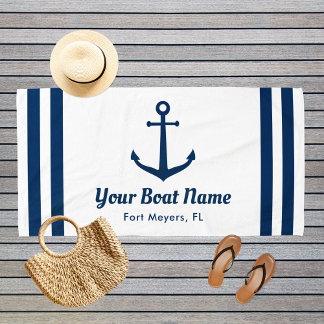 Nautical Navy White Anchor Boat Name Beach Towel