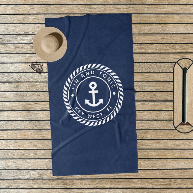 Nautical Navy & White Anchor Boat Name Beach Towel (Creator Uploaded)