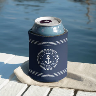 Nautical Navy & White Anchor Boat Name Can Cooler