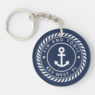 Nautical Navy & White Anchor Boat Name Key Ring