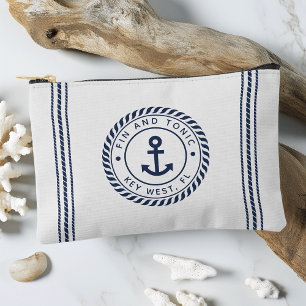 Nautical Navy & White Anchor Stripe Boat Name Accessory Pouch