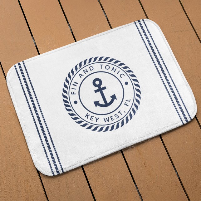 Nautical Navy & White Anchor | Your Boat Name Bath Mat (Creator Uploaded)