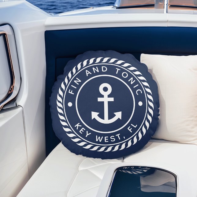 Nautical Navy & White Anchor | Your Boat Name Round Cushion (Creator Uploaded)