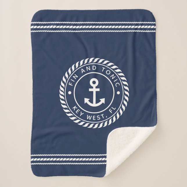 Nautical Navy & White Anchor | Your Boat Name Sherpa Blanket (Front)