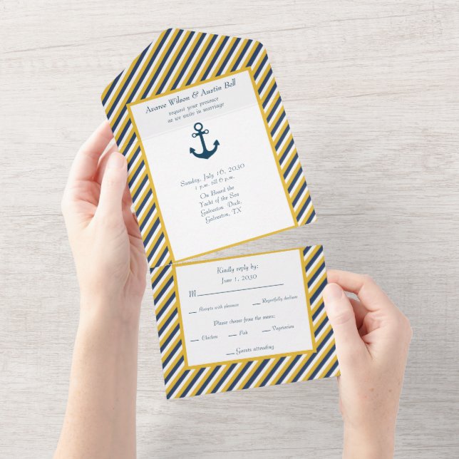 Nautical Navy White and Yellow Stripes All In One Invitation (Tearaway)