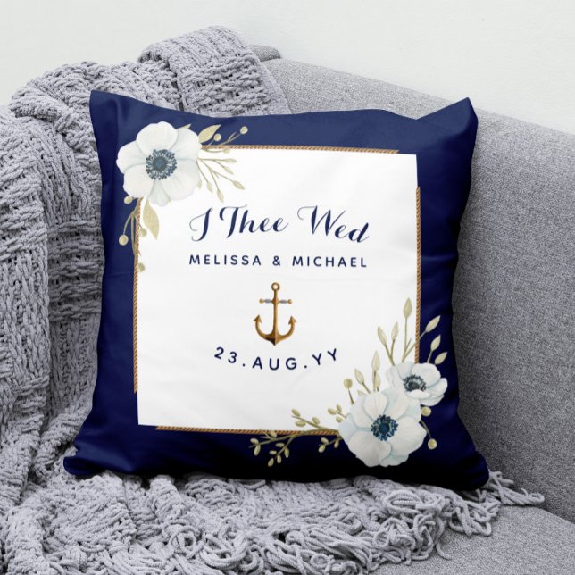 Nautical Navy & White Anemones Ring Bearer Cushion (Nautical Wedding Ring Bearer Keepsake Pillow with Watercolor White Anemone Flowers and Anchor)