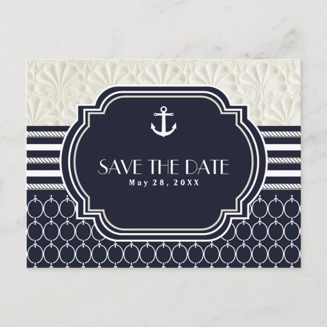 Nautical Navy & White Beach Wedding Save the Date Announcement Postcard (Front)