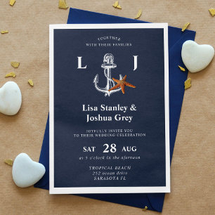 Nautical navy white elegant anchor wedding invitation
