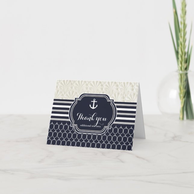 Nautical Navy & White Elegant Beach Thank You Card (Front)