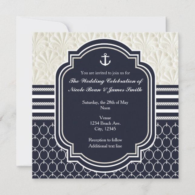 Nautical Navy & White Elegant Beach Wedding Invitation (Front)