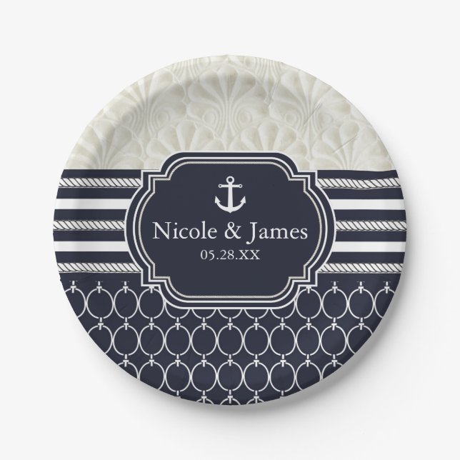 Nautical Navy & White Elegant Beach Wedding Paper Plate (Front)