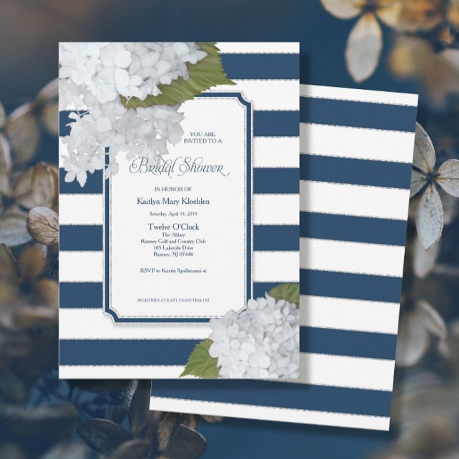 Nautical Navy White Hydrangea Modern Bridal Shower Invitation (Creator Uploaded)
