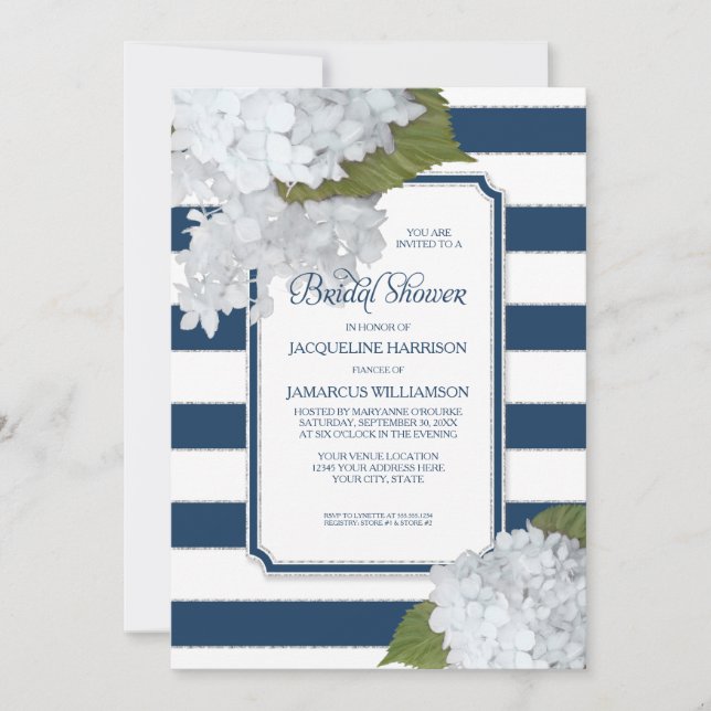 Nautical Navy White Modern Hydrangea Bridal Shower Invitation (Front)