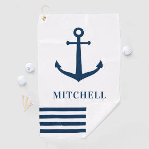 Nautical Navy White Personalised Name Boat Anchor Golf Towel