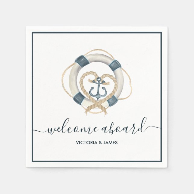 Nautical Navy & White Personalised Wedding Paper Napkin (Front)