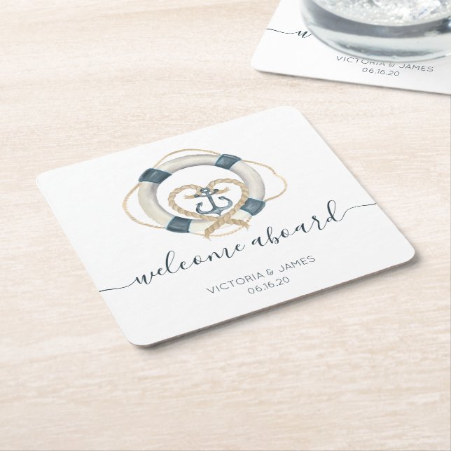 Nautical Navy & White Personalised Wedding Square Paper Coaster (Angled)