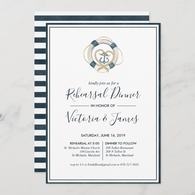 Nautical Navy & White Rehearsal Dinner Invitation (Front/Back)