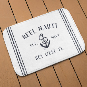 Nautical Navy & White Rustic Anchor   Boat Name Bath Mat