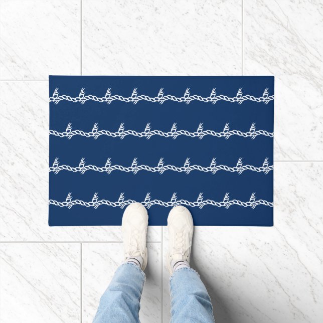 Nautical Navy white sailing rope waves pattern Doormat (Indoor)