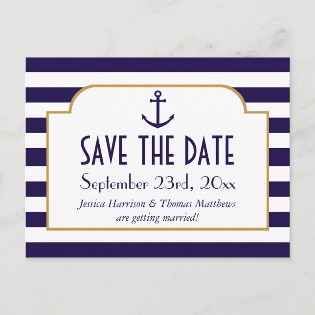 Nautical Navy & White Stripe Anchor Save The Date Announcement Postcard (Front)