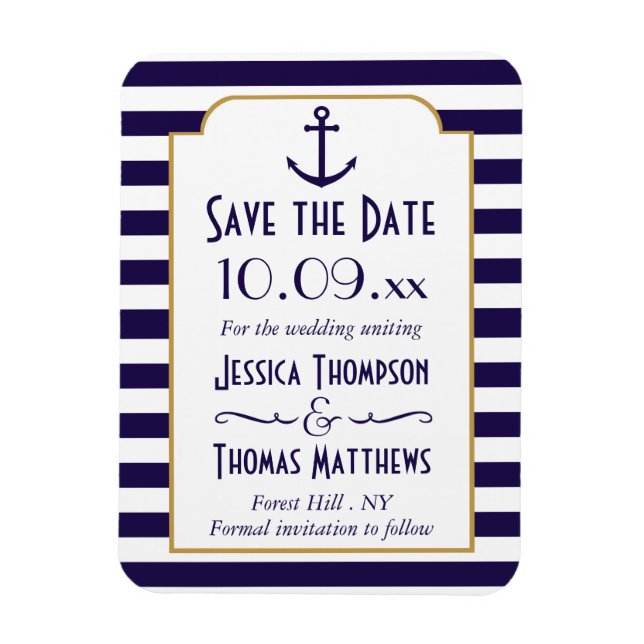 Nautical Navy & White Stripe Anchor Save The Date Magnet (Vertical)