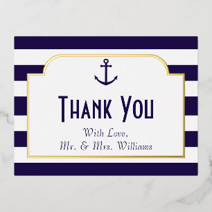 Nautical Navy & White Stripe Anchor Thank You Foil Invitation Postcard