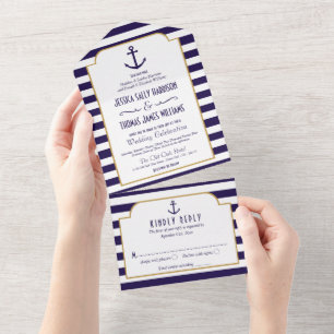 Nautical Navy & White Stripe Anchor Wedding All In One Invitation