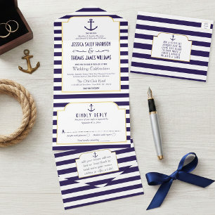 Nautical Navy & White Stripe Anchor Wedding All In One Invitation