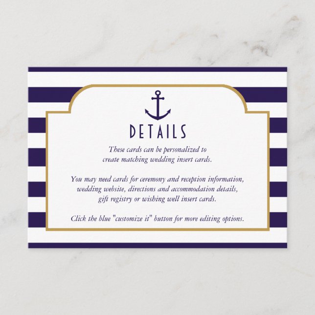 Nautical Navy & White Stripe Anchor Wedding Detail Enclosure Card (Front)