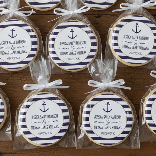 Nautical Navy & White Stripe Anchor Wedding Favour Classic Round Sticker (Creator Uploaded)