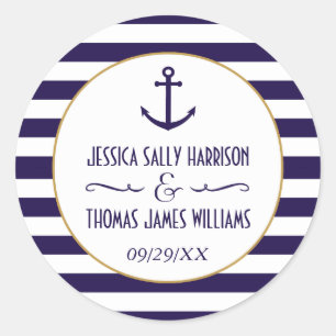 Nautical Navy & White Stripe Anchor Wedding Favour Classic Round Sticker