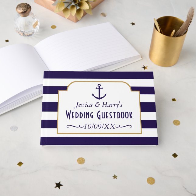 Nautical Navy & White Stripe Anchor Wedding Guest Book (Front Open)